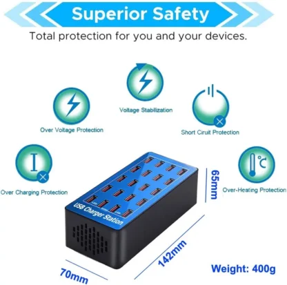 USB Charger Station 20-Port 100W Multiple Charging Station Multi Ports USB Charger Charging for Smartphones,Tablets, USB Devices - Image 2