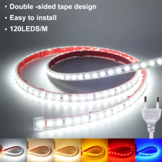 AC220V LED Strip Lights EU UK Plug SMD2835 120LEDs/m Waterproof Lamp With Adhesive Tape Warm/Natural/Cool White Red Blue Yellow