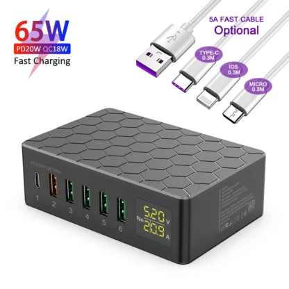 USB Charger 6 Ports HUB 65W Universal Wall Desktop Fast Charging Station Dock for Mobile Phone Power Adapter with LED Displayer - Image 7