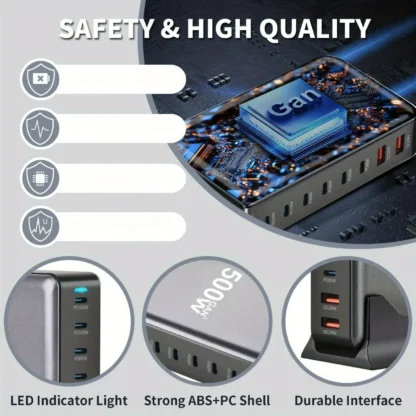 500W GaN Fast Charger Station, 8-Port USB PD & Quick Charge 3.0, 2 USB and 6 Type C Fast Charging Power Adapter for Cellphones, - Image 3
