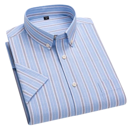 2025 Men's 100% Cotton Summer Stripe Shirts Short Sleeve Oxford Plaid Fashion Casual Slim Fit Comfortable High Quality Office - Image 7