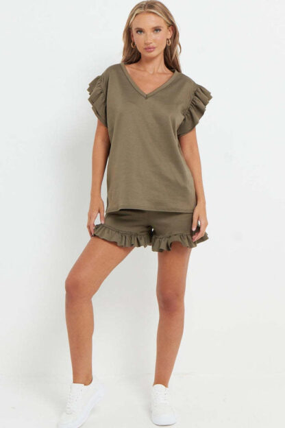 Ladies V Neck Frill Peplum Sleeve Top And Short 2 Piece Tracksuit Set - Image 3