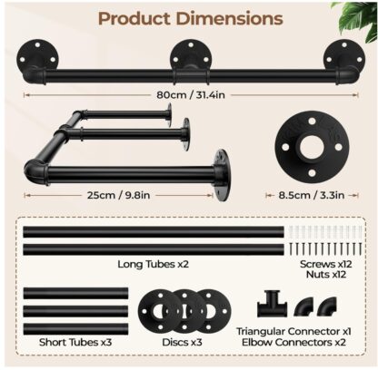 Tienily Industrial Pipe Clothes Rack, Metal Hanging Rails For Clothes, 80cm Clothes Rail Wall Mounted For Bedroom Storage - Image 7