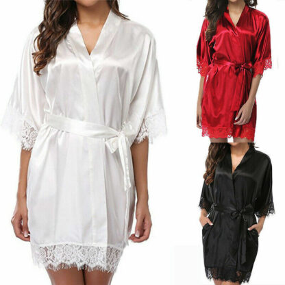 UK Satin Robe Wedding Bride Bridesmaid Kimono Dressing Gown Sleepwear Bathrobe - Image 2