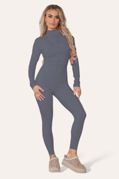 Ribbed High Neck Zipper Collar Jumpsuit Front Unitard Set - Image 2
