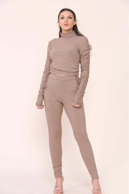 High Neck Ruched Side Arm Solid Drawstrings Ribbed Tee And Leggings Set - Image 6