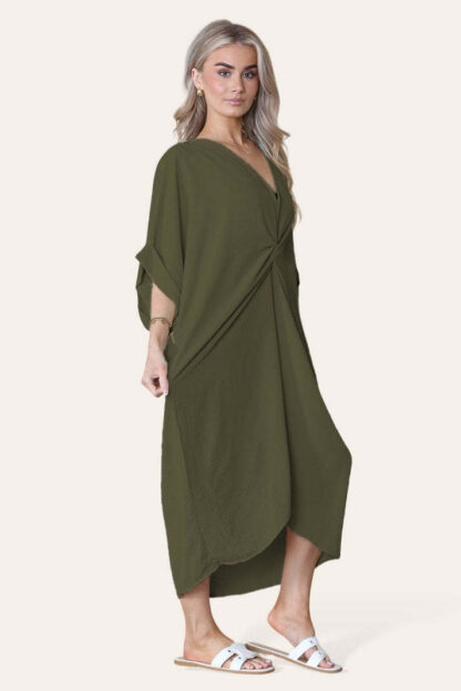 Womens V-Neck Tie Knotted Twisted Front Oversized Longline Midi Dress - Image 6