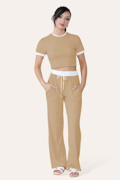 Ribbed Contrast Wide Leg Flared Trousers And Top Loungewear TRS Cropped Set - Image 5