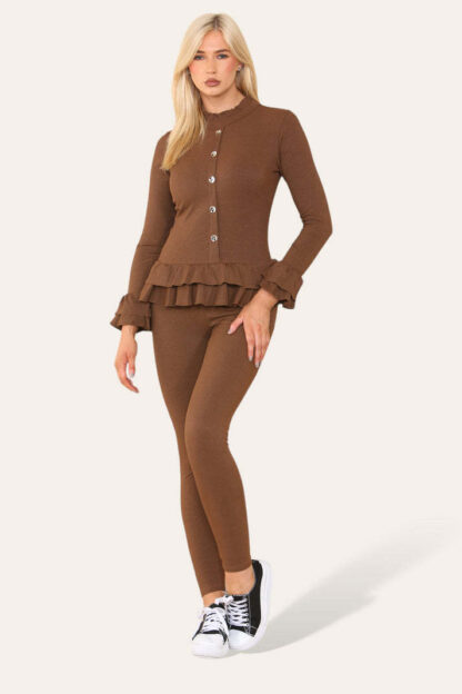 Long Sleeves Peplum Front Buttons Frilled Hem Lounge Wear Set - Image 5