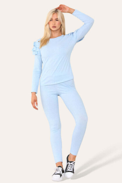Frilled Sleeves Set Shoulder Golden Button Lounge Wear Suit - Image 7
