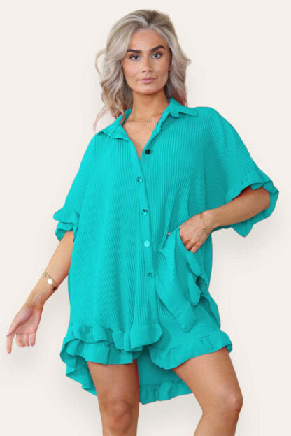 Women Casual Oversized Gold Button Pleated Frilled Ruffle Short Sleeves Shirt Top And Short Co Ord Set - Image 6