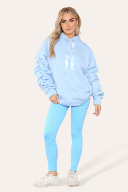 Oversized Ruched Sleeves Hoodie With Satin Ribbon With High Waist High Rise Seamless Ribbed Legging Set - Image 5