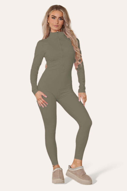 Ribbed High Neck Zipper Collar Jumpsuit Front Unitard Set - Image 5