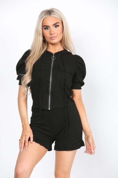 Front Pocket Zip Up Suit Ribbed Hooded Lounge Wear Short Set - Image 3