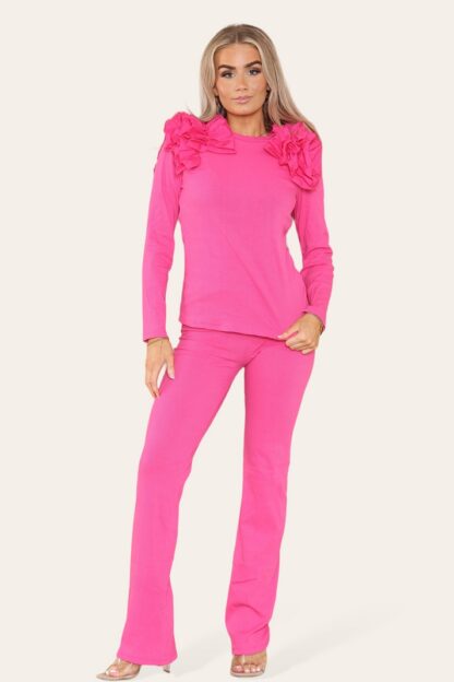 Ruffle Frill Shoulder Ribbed Loungewear Co-Ord Top & Trouser Set - Image 4
