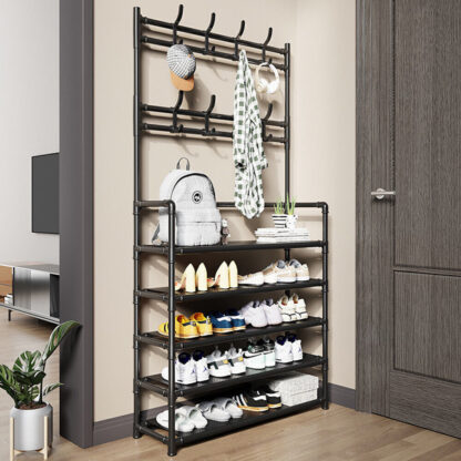 New Coat And Hat Stand 8 Hooks Metal Shoe Rack 5 Tiers Shelf Hanger Black - Image 6
