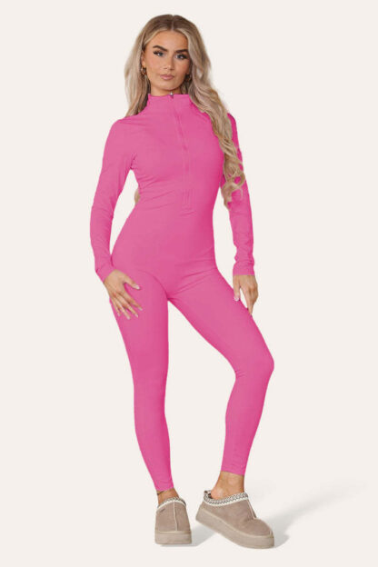 Ribbed High Neck Zipper Collar Jumpsuit Front Unitard Set - Image 6