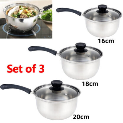 Set Of 3 Induction Non Stick Stainless Steel Cookware Kitchen Glass Lids Pot Pan - Image 8
