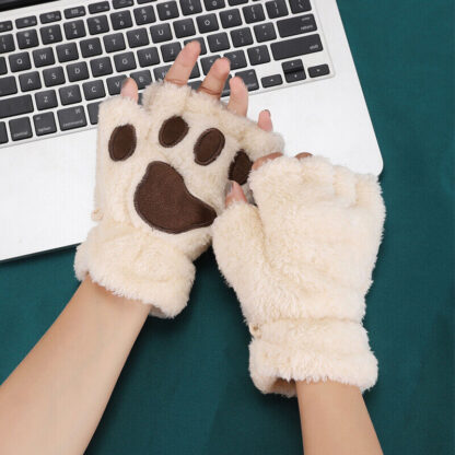Women Plush Cat Paw Claw Gloves Warm Bear Paw Fingerless Mittens Winter Gloves - Image 7
