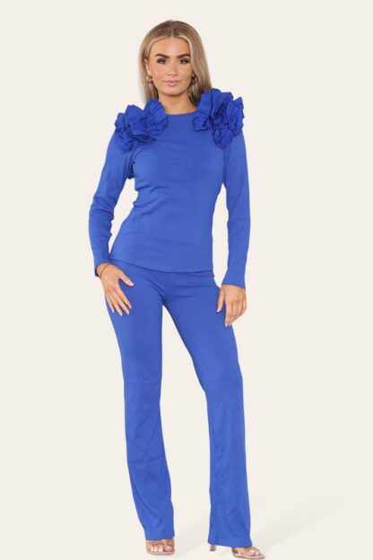Ruffle Frill Shoulder Ribbed Loungewear Co-Ord Top & Trouser Set - Image 2