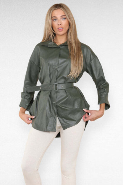 PU Faux Leather Belted Wet Look Shirt Dress - Image 3