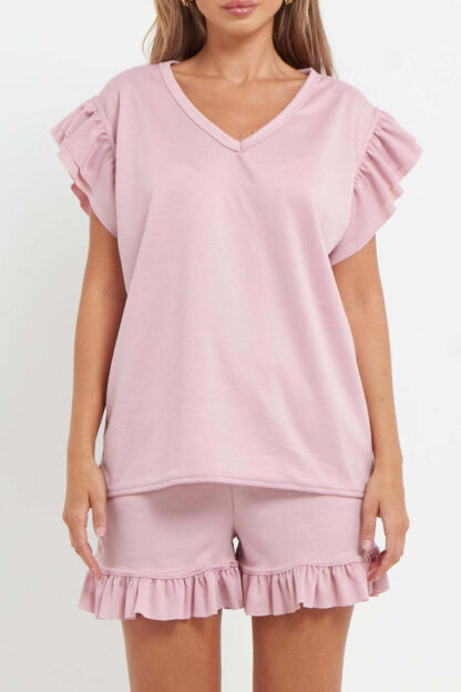 Ladies V Neck Frill Peplum Sleeve Top And Short 2 Piece Tracksuit Set - Image 2