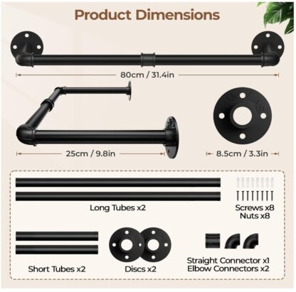 Tienily Industrial Pipe Clothes Rack, Metal Hanging Rails For Clothes, 80cm Clothes Rail Wall Mounted For Bedroom Storage - Image 2