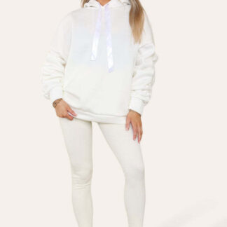 Oversized Ruched Sleeves Hoodie With Satin Ribbon With High Waist High Rise Seamless Ribbed Legging Set
