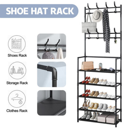 New Coat And Hat Stand 8 Hooks Metal Shoe Rack 5 Tiers Shelf Hanger Black - Image 10