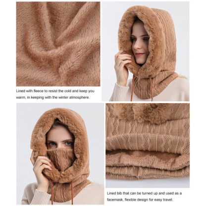 Slouchy Fleece Beanie Hats Scarf Mask Warmer Hooded Winter Pullover Knitted Hat - Image 5