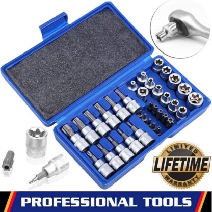 34Pcs Torx Torque Tork Star Bits Drive Male Female 3-8 Chrome Sockets Set Tool - Image 3