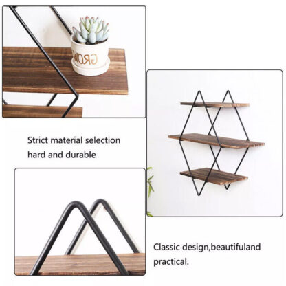 3 Tiered Floating Wall Mounted Display Shelf Wooden Shelves Black Frame Shelving - Image 8