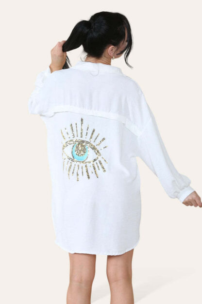 Oversized Long Sleeve Gold Sequin Eye Button Up Shirt - Image 5