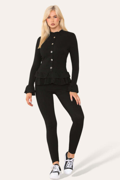 Long Sleeves Peplum Front Buttons Frilled Hem Lounge Wear Set - Image 9