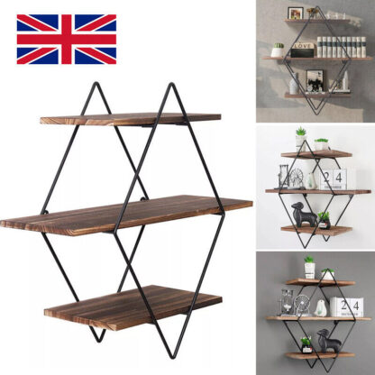 3 Tiered Floating Wall Mounted Display Shelf Wooden Shelves Black Frame Shelving - Image 10