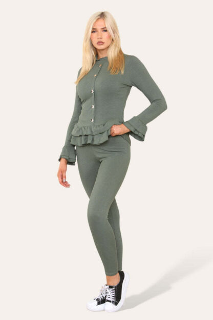 Long Sleeves Peplum Front Buttons Frilled Hem Lounge Wear Set - Image 4
