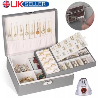 2 Layer Grey Jewellery Box Organizer Rings Necklaces Jewellry Storage Case Box - Image 6