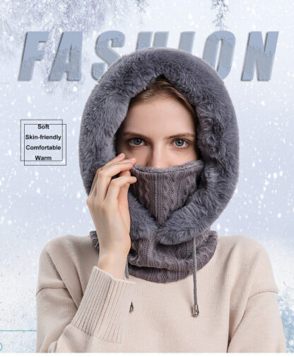 Slouchy Fleece Beanie Hats Scarf Mask Warmer Hooded Winter Pullover Knitted Hat - Image 4