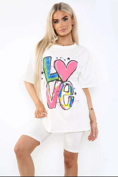Love Side Slit Cycling Short And T-Shirts Co-Ord Two Piece Set With Front Love Slogan - Image 4