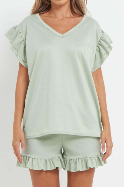 Ladies V Neck Frill Peplum Sleeve Top And Short 2 Piece Tracksuit Set - Image 5