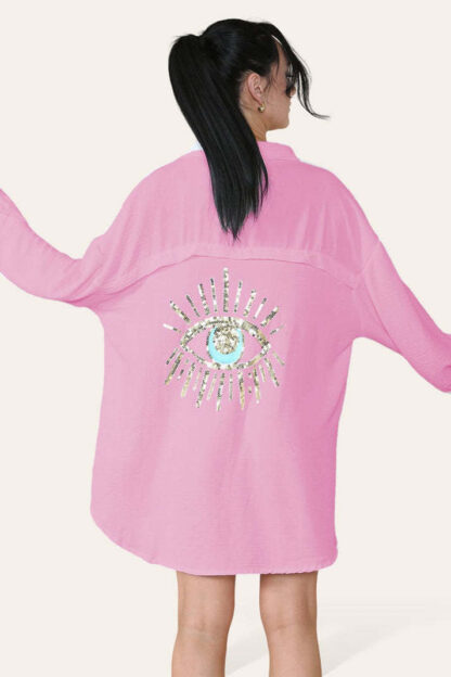 Oversized Long Sleeve Gold Sequin Eye Button Up Shirt - Image 6