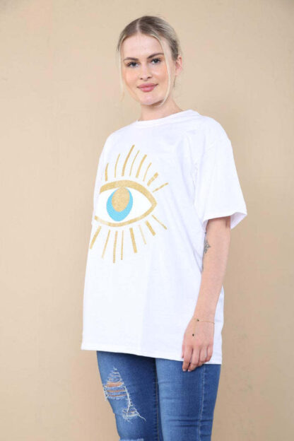 Ladies Oversized Sequin Eye Printed Short Sleeves T Shirt Top - Image 8