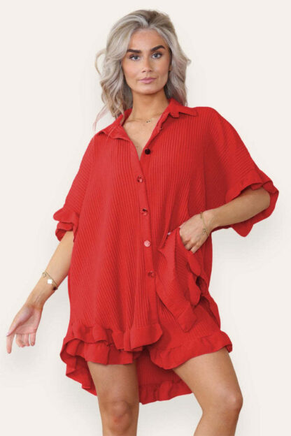 Women Casual Oversized Gold Button Pleated Frilled Ruffle Short Sleeves Shirt Top And Short Co Ord Set - Image 7