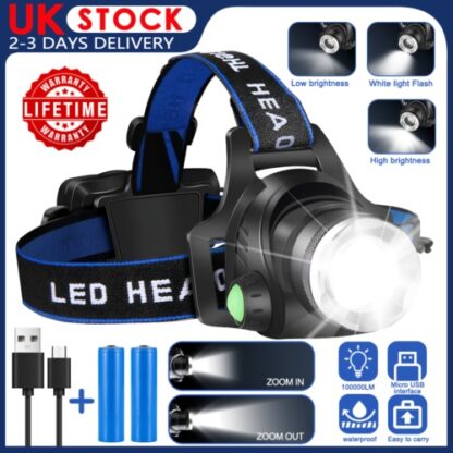 T6 Headlamp Rechargeable 350000LM LED Zoom Headlight Head Torch USB Line UK - Image 6