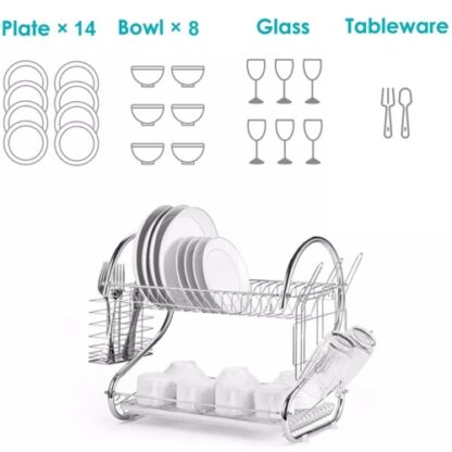 2 Tier Dish Drainer Rack With Drip Tray Kitchen Drying Rack Bowl Plate Holder UK - Image 5