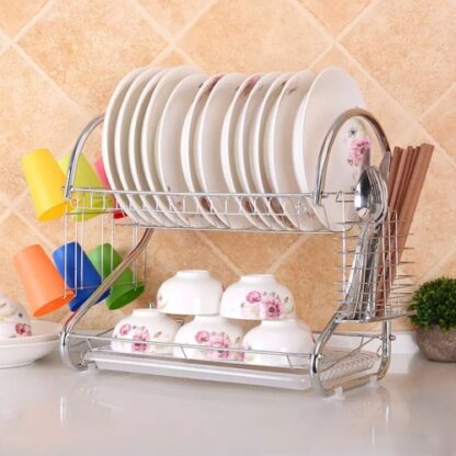 2 Tier Dish Drainer Rack With Drip Tray Kitchen Drying Rack Bowl Plate Holder UK - Image 2