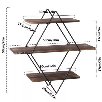 3 Tiered Floating Wall Mounted Display Shelf Wooden Shelves Black Frame Shelving - Image 2