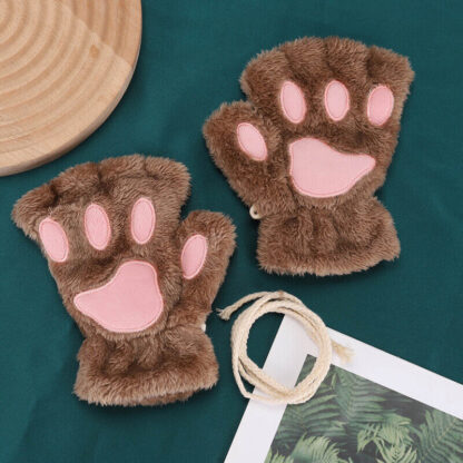 Women Plush Cat Paw Claw Gloves Warm Bear Paw Fingerless Mittens Winter Gloves - Image 10