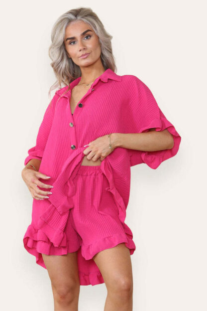 Women Casual Oversized Gold Button Pleated Frilled Ruffle Short Sleeves Shirt Top And Short Co Ord Set - Image 10