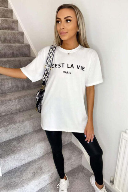 Ladies Oversized C'est La Vie Paris Simple Fashion Classic Retro Short Sleeves T Shirt Top - Image 2